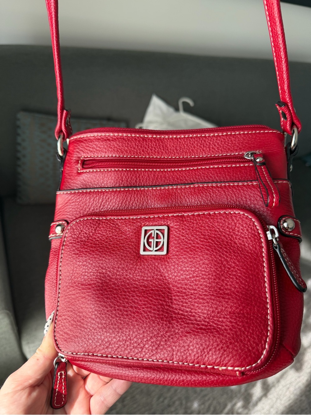 Giani Bernini Red Pebbled Leather Multi-Zip Crossbody with Silver Accents